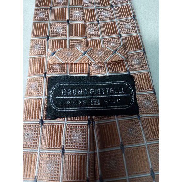 Bruno Piattelli Mens Orange/White Grid Pattern Silk Tie - Picture 2 of 7